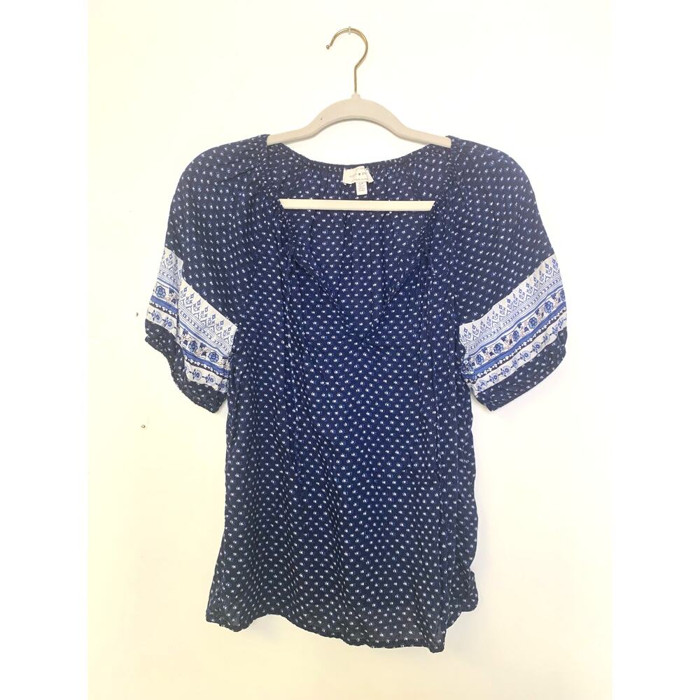 Lucky Brand Blue Boho Top – Women's Small Short Sleeve Peasant Blouse